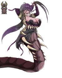 Rule 34 | absurdres, black dress, breasts, colored skin, dress, eater of worlds (terraria), grin, highres, huge breasts, lamia, mandibles, monster girl, one eye closed, personification, purple hair, purple skin, scales, smile, snake girl, snake tail, tagme, tail, teeth, terraria, tntheaven, white background, wink