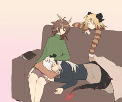 Rule 34 | 3girls, arkiwi, arknights, black shirt, blonde hair, book, brown hair, brown pants, brown shorts, closed eyes, commentary, couch, dragon girl, dragon horns, dragon tail, english commentary, feather hair, gradient background, green sweater, hand on another&#039;s head, highres, horns, ifrit (arknights), jewelry, lap pillow, long hair, long sleeves, looking at another, lying, multiple girls, on couch, on side, one eye closed, orange nails, pants, parted lips, pink background, ring, saria (arknights), shirt, shorts, silence (arknights), sleeping, sleeping on person, sweater, tail, wedding ring, white hair, wife and wife, yellow background, yuri