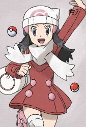 Rule 34 | 1girl, arm up, bag, beanie, black hair, boots, buttons, coat, commentary request, creatures (company), dawn (pokemon), duffel bag, eyelashes, game freak, grey eyes, hair ornament, hairclip, hat, highres, long hair, long sleeves, looking at viewer, nintendo, official style, open mouth, over-kneehighs, pink footwear, poke ball, poke ball (basic), pokemon, pokemon dppt, pokemon platinum, red coat, sawa (soranosawa), scarf, sidelocks, smile, solo, teeth, thighhighs, tongue, white hat, white scarf, white thighhighs, winter clothes