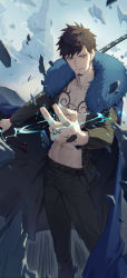Rule 34 | 1boy, abs, absurdres, beard, belt, black belt, black hair, blue cape, blue light, cape, day, debris, facial hair, floating, floating object, fur collar, hanamaki, hand up, highres, holding, holding sword, holding weapon, jacket, katana, long sideburns, looking at viewer, male focus, one piece, open clothes, open jacket, outdoors, sheath, sheathed, sideburns, solo, standing, stubble, sword, tattoo, trafalgar law, weapon, yellow eyes