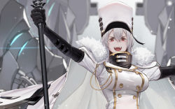 Rule 34 | 1girl, :d, azur lane, breasts, buttons, cape, coat, coat dress, commentary, dishwasher1910, double-breasted, fur-trimmed cape, fur-trimmed coat, fur trim, gloves, hat, high collar, highres, holding, holding scepter, ice, long hair, military hat, multiple straps, open mouth, outstretched arms, rigging, scepter, smile, snow, sovetskaya rossiya (azur lane), white cape, white coat, white headwear