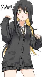 Rule 34 | 1girl, alternate hairstyle, autumn, black hair, blonde hair, brown eyes, collared shirt, commentary, cowboy shot, facial tattoo, grey jacket, grey skirt, hair between eyes, highres, jacket, kamatama, kuso zako choroin nishiga hachi, long hair, looking at viewer, loose necktie, low twintails, miniskirt, multicolored hair, nail polish, necktie, nishiga hachi, open mouth, pleated skirt, shirt, sidelocks, simple background, skirt, sleeves past wrists, solo, standing, striped necktie, striped neckwear, tattoo, twintails, two-tone hair, very long hair, white background, yellow nails