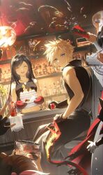 Rule 34 | 1other, 3girls, 5boys, absurdres, alcohol, apron, bar (place), bare shoulders, barret wallace, birthday cake, black apron, black gloves, black hair, black vest, blonde hair, blue eyes, bottle, breasts, brown hair, buster sword, cait sith (ff7), cake, camera, cape, cat, chocolate, cid highwind, cigarette, closed eyes, closed mouth, cloud strife, collarbone, commentary, confetti, counter, crop top, cup, drinking glass, duoj ji, earrings, final fantasy, final fantasy vii, final fantasy vii advent children, fingerless gloves, flame-tipped tail, flower, food, fusion swords, gloves, hair ribbon, hand on another&#039;s head, happy, happy birthday, headband, high collar, highres, holding, holding camera, holding cigarette, holding cup, holding plate, indoors, jewelry, large breasts, long hair, looking at viewer, marlene wallace, materia, midriff peek, multiple boys, multiple girls, navel, open mouth, out of frame, oven mitts, party popper, pink ribbon, plate, red cape, ribbon, shirt, short hair, single earring, sitting, sleeveless, sleeveless shirt, smile, spiked hair, stool, stud earrings, swept bangs, symbol-only commentary, tank top, teardrop earring, teeth, tifa lockhart, torn cape, torn clothes, upper teeth only, vest, vincent valentine, waist apron, white headband, white tank top, yellow flower, yuffie kisaragi, zipper