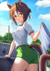 Rule 34 | 1girl, animal ears, blue skirt, blush, breasts, brown hair, clothing cutout, cloud, cloudy sky, clover hair ornament, commentary request, cowboy shot, fine motion (umamusume), green eyes, green shorts, hair between eyes, hair bun, hair ornament, highres, holding, holding towel, horse ears, horse girl, horse tail, ikaashi you, looking at viewer, medium breasts, multicolored hair, open mouth, outdoors, puffy short sleeves, puffy sleeves, short hair, short sleeves, shorts, sink, skirt, sky, solo, streaked hair, tail, tail through clothes, towel, umamusume, white hair