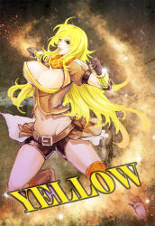 Rule 34 | 1girl, blonde hair, bouncing breasts, breasts, cleavage, fingerless gloves, gauntlets, gloves, large breasts, long hair, looking at viewer, midriff, open mouth, rwby, sennoyume, smile, solo, text focus, thighhighs, thighs, yang xiao long
