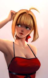 Rule 34 | 10s, 1girl, 3four, ahoge, bare shoulders, blonde hair, breasts, cleavage, dress, fate/extra, fate (series), green eyes, hair intakes, hair ribbon, lipstick, makeup, nero claudius (fate), nero claudius (fate) (all), nero claudius (fate/extra), official alternate costume, red dress, ribbon, short hair, solo, spaghetti strap