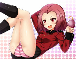 Rule 34 | 10s, 1girl, ass, black skirt, boots, crotch seam, cup, fang, girls und panzer, holding, jacket, knee boots, kuragari, lace, lace-trimmed panties, lace trim, long sleeves, looking to the side, lying, military, military uniform, miniskirt, on back, open mouth, panties, pink panties, pleated skirt, polka dot, polka dot background, red eyes, red hair, rosehip (girls und panzer), short hair, skirt, smile, solo, striped clothes, striped panties, tea, teacup, thighs, underwear, uniform