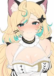 Rule 34 | 1girl, ahoge, alternate breast size, animal ear fluff, animal ears, aqua eyes, aqua hair, bare shoulders, black bow, blonde hair, blush, bow, braid, braided bangs, breasts, cat ears, cleavage, commentary, detached sleeves, frills, hair bow, hair ornament, hairclip, highres, large breasts, long hair, looking at viewer, low twintails, millie parfait, millie parfait (2nd costume), multicolored hair, nijisanji, nijisanji en, parted lips, savi (byakushimc), simple background, solo, sparkling eyes, streaked hair, twintails, two-tone hair, upper body, virtual youtuber, white background