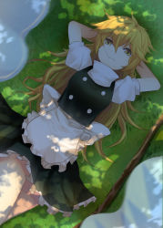 Rule 34 | 1girl, apron, arms behind head, black skirt, black vest, blonde hair, commentary request, cowboy shot, crossed legs, dutch angle, eyebrows, from above, hair between eyes, highres, kirisame marisa, long hair, looking at viewer, looking up, lying, mouth hold, no headwear, no headwear, no nose, on back, puffy short sleeves, puffy sleeves, shade, short sleeves, skirt, solo, stick, tauta (meshia8787), touhou, turtleneck, vest, waist apron, white apron, yellow eyes