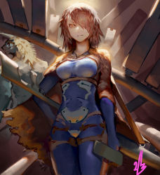 Rule 34 | &gt;:(, 1girl, 2k (sakanakusai), bodysuit, breasts, bright pupils, brown hair, cape, closed mouth, crotch plate, frown, highres, medium breasts, orange eyes, original, short hair, signature, solo focus, torn cape, torn clothes, v-shaped eyebrows