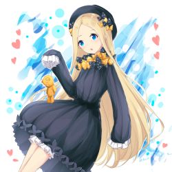 Rule 34 | 1girl, abigail williams (fate), black bow, black dress, black hat, blonde hair, bloomers, blue eyes, bow, bug, butterfly, commentary, dress, fate/grand order, fate (series), forehead, hair bow, hand up, hat, holding, insect, long hair, long sleeves, orange bow, parted bangs, parted lips, polka dot, polka dot bow, rocm (nkkf3785), sleeves past fingers, sleeves past wrists, solo, stuffed animal, stuffed toy, teddy bear, underwear, very long hair, white bloomers