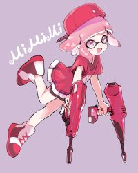 Rule 34 | 1girl, amezawa koma, backwards hat, baseball cap, bike shorts, black shirt, blunt bangs, commentary, dual wielding, dualie squelcher (splatoon), fang, grey background, hat, highres, holding, holding weapon, inkling, inkling girl, inkling player character, leaning forward, leg up, looking at viewer, nintendo, open mouth, pink eyes, pink hair, pointy ears, red footwear, red hat, red shirt, shirt, shoes, short hair, short sleeves, simple background, skin fang, smile, solo, splatoon (series), splatoon 2, standing, tentacle hair, weapon