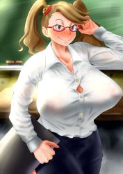 Rule 34 | 10s, 1girl, blush, breasts, brown eyes, brown hair, chalkboard, classroom, clothes, female focus, glasses, gundam, gundam build fighters, gundam build fighters try, hair ornament, highres, huge breasts, indoors, inverted nipples, k.ty (amejin), looking at viewer, nipples, no bra, plump, red-framed eyewear, sazaki kaoruko, school, see-through, shirt, smile, solo, standing, straining buttons, taut clothes, taut shirt, teacher, twintails