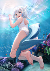 Rule 34 | antenna hair, artist name, ass, barefoot, blue eyes, blue hair, blush, caustics, clownfish, coral, coral reef, feet, fins, fish, fish tail, from behind, gawr gura, hair ornament, highres, holding, holding weapon, hololive, hololive english, looking at viewer, looking back, medium hair, multicolored hair, one-piece swimsuit, open mouth, polearm, shark girl, shark hair ornament, shark tail, sharp teeth, ship, shipwreck, signature, skyrail, soles, solo, streaked hair, swimming, swimsuit, tail, teeth, toes, trident, two side up, underwater, vehicle, virtual youtuber, water, watercraft, weapon, white hair, white one-piece swimsuit