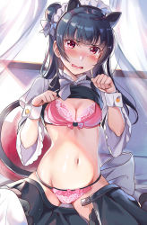 Rule 34 | 1girl, animal ears, back bow, bad id, bad pixiv id, black skirt, blue hair, blush, bow, bowtie, bra, breasts, cat ears, cleavage, clothes lift, clothes pull, curtains, grey bow, grey bowtie, groin, hair bow, hair bun, hands up, lace, lace-trimmed bra, lace-trimmed panties, lace trim, long hair, looking at viewer, love live!, love live! sunshine!!, maid, maid headdress, navel, open clothes, open skirt, panties, paw pose, pink bra, pink panties, purple eyes, shirt lift, side bun, single side bun, sitting, skirt, skirt pull, small breasts, solo, teardrop, tipii, tsushima yoshiko, underwear, wavy mouth, window, wrist cuffs