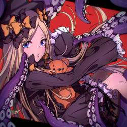 Rule 34 | 1girl, abigail williams (fate), artist request, black bow, black dress, black hat, blonde hair, bloomers, blue eyes, bow, breasts, dress, fate (series), forehead, hair bow, hat, highres, leaning back, long hair, long sleeves, looking at viewer, multiple bows, open mouth, orange bow, parted bangs, parted lips, red background, ribbed dress, sitting, sleeves past fingers, sleeves past wrists, small breasts, solo, stuffed animal, stuffed toy, teddy bear, tentacles, underwear, white bloomers