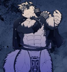 Rule 34 | 1boy, abs, animal ears, bara, body fur, bulge, cowboy shot, ezaki papiko, from below, furry, furry male, greyscale, hand on own shoulder, headband, highres, horkeu kamui, jacket, jacket on shoulders, large pectorals, looking to the side, male focus, monochrome, muscular, nipples, pectorals, revealing clothes, simple background, solo, sword, thighs, tokyo houkago summoners, topless male, upper body, vambraces, weapon
