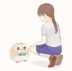 Rule 34 | 1girl, beak hold, bird, blue shorts, bright pupils, brown feathers, brown hair, closed mouth, commentary request, creatures (company), feather in mouth, feathers, game freak, gen 7 pokemon, highres, holding, holding feather, light blush, long bangs, long hair, looking at another, medium bangs, mouth hold, nintendo, obscured eyes, orange footwear, owl, pocket, pokemon, pokemon (creature), pokemon sv, ponytail, rowlet, school uniform, shirt, short sleeves, shorts, simple background, smile, socks, sparkle, squatting, t-shirt, talons, uva academy school uniform, white background, white pupils, white shirt, white socks, xhtx