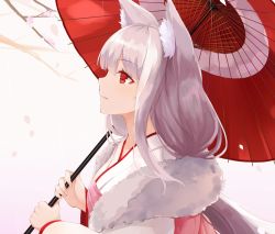 Rule 34 | 1girl, animal ears, bad id, bad twitter id, blunt bangs, branch, cherry blossoms, collarbone, eyebrows, eyeshadow, female focus, fur trim, gradient background, holding, japanese clothes, kimono, lips, long hair, long sleeves, looking up, makeup, nature, oil-paper umbrella, original, outdoors, parasol, profile, red eyes, sidelocks, silver hair, solo, takehana note, tears, umbrella, upper body