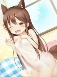 Rule 34 | 1girl, animal ear fluff, animal ears, breasts, brown hair, camisole, dog ears, dog tail, drooling, fang, highres, long hair, navel, one eye closed, open mouth, orange eyes, original, psyche3313, see-through, sleepy, sleeveless, small breasts, solo, tail, tears, window
