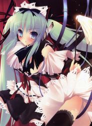 Rule 34 | 1girl, absurdres, blue eyes, blush, green hair, highres, karory, long hair, maid, solo, thighhighs, twintails, zinno