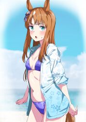 Rule 34 | 1girl, absurdres, animal ears, bikini, blue eyes, breasts, brown hair, cloud, collarbone, commentary request, grass wonder (umamusume), highres, horse ears, horse tail, jacket, looking at viewer, navel, nerukichikatafukuma, open mouth, sky, small breasts, solo, swimsuit, tail, translation request, umamusume