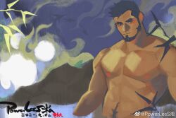 Rule 34 | 1boy, abs, abstract background, absurdres, bara, beard, blush, expressionless, facial hair, highres, large pectorals, looking at viewer, male focus, mountain, muscular, muscular male, navel hair, nipples, nude, ocean, original, painterly, pectorals, plant, powerlesssong, short hair, solo, stomach, sun, thick eyebrows, upper body