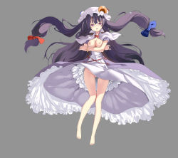 Rule 34 | 1girl, bow, breasts, capelet, dress, grey background, groin, hair bow, hair ornament, hat, highres, long hair, mob cap, nipples, no panties, open mouth, patchouli knowledge, pentagram, purple eyes, purple hair, robe, short sleeves, sidelocks, simple background, solo, touhou, wind, wind lift, zhu fun