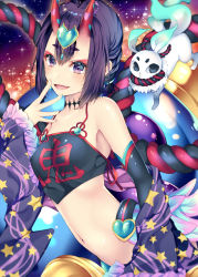 Rule 34 | 1girl, :d, bare shoulders, black sleeves, blush, breasts, chinese clothes, commentary request, creature, crop top, detached sleeves, dudou, fang, fate/grand order, fate (series), fingernails, hair between eyes, hand to own mouth, hand up, head tilt, headpiece, heart, horns, long sleeves, looking at viewer, navel, oni, oni horns, open mouth, purple eyes, purple hair, purple sleeves, shiomizu (swat), short eyebrows, shuten douji (fate), shuten douji (fate/grand order), shuten douji (halloween caster) (fate), shuten douji (kaienntai), sky, sleeves past wrists, small breasts, smile, solo, star (sky), star (symbol), star print, starry sky, thick eyebrows, wide sleeves