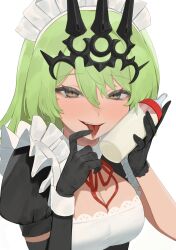 Rule 34 | 1girl, apron, asymmetrical gloves, baby bottle, bare shoulders, black gloves, bottle, breasts, cleavage, commentary request, crown, dress, flasso, forked tongue, frilled dress, frills, gloves, green eyes, green hair, hair ornament, highres, honkai (series), honkai impact 3rd, looking at viewer, maid, maid apron, maid headdress, medium breasts, mismatched gloves, mobius (honkai impact), simple background, single sleeve, smile, solo, teeth, tongue, tongue out, upper body, white background