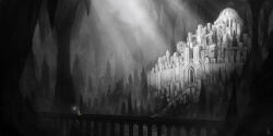 Rule 34 | 1other, absurdres, bridge, building, cave, cloak, commentary, day, dome, english commentary, fantasy, floating, floating cape, gate, greyscale, highres, hood, hooded cloak, idrawbagman, landscape, monochrome, orb, original, scenery, signature, stairs, stalactite, stalagmite, statue, sunlight, temple, underground, very wide shot, village, walking, wall, white cloak