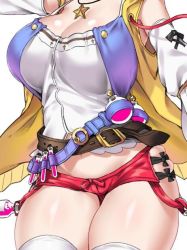 Rule 34 | 1girl, atelier (series), atelier ryza, atelier ryza 1, belt, breasts, brown hair, cleavage, commentary request, curvy, jewelry, large breasts, necklace, out of frame, red shorts, reisalin stout, short shorts, shorts, solo, thighhighs, thighs, xiangzi box