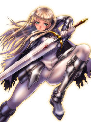Rule 34 | 1girl, armor, blonde hair, boken fantasy, boots, claymore (series), claymore (sword), dietrich, female focus, gradient background, greaves, grey eyes, highres, long hair, solo, sword, twintails, weapon, white background