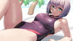 Rule 34 | 1girl, breasts, commentary request, competition swimsuit, cowboy shot, ermina (iris mysteria), green eyes, grey hair, highres, iris mysteria, jonsun, looking at viewer, medium breasts, one-piece swimsuit, purple one-piece swimsuit, short hair, solo, swimsuit