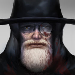 Rule 34 | 1boy, 2015, beard, black hat, blood, blood on clothes, blood on face, bloodborne, brown eyes, closed mouth, commentary, dated, english text, facial hair, hat, hunter (bloodborne), kkop, looking at viewer, male focus, monocle, portrait, signature, solo, straight-on