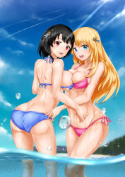 Rule 34 | 10s, 2girls, ass, atago (kancolle), bikini, black hair, blonde hair, blue bikini, blue eyes, breast press, breasts, butt crack, cleavage, day, highres, kantai collection, large breasts, long hair, looking at viewer, looking back, multiple girls, navel, open mouth, outdoors, parsue, pink bikini, red eyes, short hair, side-tie bikini bottom, sky, smile, swimsuit, symmetrical docking, takao (kancolle), wading, water, wet