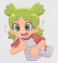 Rule 34 | 1girl, bag, blush, bukobean, child, commentary, cropped torso, green eyes, green hair, grey background, highres, koiwai yotsuba, looking to the side, lower teeth only, open mouth, quad tails, red shirt, shirt, short sleeves, shoulder bag, simple background, teeth, two-tone shirt, white shirt, yotsubato!