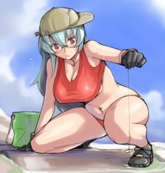 Rule 34 | 00s, 1girl, arm support, bespectacled, bikini, blush, breasts, bucket, cloud, day, glasses, gloves, hat, kneeling, large breasts, long hair, aged up, red bikini, red eyes, rozen maiden, silver hair, sky, solo, suigintou, sweat, swimsuit, tsuda nanafushi