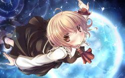 Rule 34 | 1girl, ahoge, ascot, blonde hair, blush, embodiment of scarlet devil, female focus, full moon, highres, kaisu, moon, outstretched arms, red eyes, reflection, ripples, rumia, solo, spread arms, touhou, water