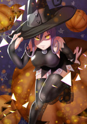 Rule 34 | 1girl, absurdres, adjusting clothes, adjusting headwear, animal ears, black headwear, black sleeves, blair (soul eater), boots, breasts, cat, cat ears, cat girl, detached sleeves, halloween, hat, highres, jack-o&#039;-lantern, large breasts, long hair, long sleeves, night, night sky, occul lab, pumpkin, purple hair, sitting, sky, soul eater, thigh boots, thighhighs, thighs, tongue, witch, witch hat, yellow eyes