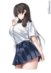Rule 34 | 1girl, artist name, blue skirt, blush, breasts, button gap, cropped legs, dress shirt, ebifurya, hair between eyes, hair ribbon, hand up, highres, isokaze (kancolle), kantai collection, large breasts, long hair, looking at viewer, miniskirt, one-hour drawing challenge, parted lips, pink ribbon, pleated skirt, red eyes, ribbon, see-through silhouette, shirt, shirt tucked in, short sleeves, sidelocks, simple background, skirt, solo, thick thighs, thighs, tress ribbon, twitter username, v, very long hair, white background, white shirt