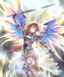 Rule 34 | 1girl, arm up, armor, armored boots, boots, breastplate, brown hair, cloud, cloudy sky, day, floating hair, gauntlets, green eyes, highres, hisakata souji, holding, holding sword, holding weapon, long hair, miniskirt, outdoors, outstretched arm, parted lips, pauldrons, ponytail, shingeki no bahamut, shoulder armor, skirt, sky, solo, sparkle, standing, sword, thigh boots, thighhighs, very long hair, weapon, white skirt, white thighhighs, wings, zettai ryouiki