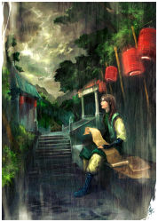 Rule 34 | 1boy, bad id, bad pixiv id, forest, lantern, male focus, nature, original, outdoors, rain, scenery, scroll, sibyl, sky, solo, stairs