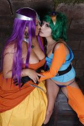 Rule 34 | 2girls, asian, breasts, brown eyes, cameltoe, chouzuki maryou, cosplay, dragon quest, dragon quest iv, green hair, highres, large breasts, minea (dq4), minea (cosplay), multiple girls, photo (medium), plump, purple hair, square enix