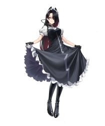Rule 34 | 1girl, absurdres, black gloves, black hair, boots, character request, girls&#039; frontline, gloves, hair between eyes, hair down, hair over one eye, high heel boots, high heels, highres, kimi (hearty yuuki), knee boots, long hair, looking at viewer, maid headdress, smile, solo, white background