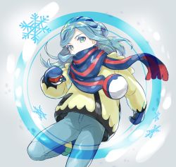 Rule 34 | 1boy, blue eyes, blue hair, blue mittens, boots, commentary, creatures (company), floating scarf, game freak, grusha (pokemon), highres, holding, holding poke ball, jacket, leg up, long hair, looking at viewer, male focus, mittens, nintendo, pants, poke ball, poke ball (basic), pokemon, pokemon sv, scarf, scarf over mouth, snowflakes, solo, symbol-only commentary, upi (ukn18pkanother), watermark, yellow jacket