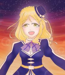 Rule 34 | 1girl, ara (airchica), artist name, artist request, belt, blonde hair, blush, bow, braid, breasts, brightest melody, brown eyes, collared shirt, crown braid, dress, female focus, hair bow, hair rings, hat, highres, long hair, long sleeves, looking at viewer, love live!, love live! school idol festival, love live! sunshine!!, love live! sunshine!! the school idol movie over the rainbow, mini hat, neckerchief, ohara mari, pants, parted lips, purple dress, purple hat, purple legwear, purple pants, ribbon, shirt, short hair, sidelocks, small breasts, smile, solo, tears, twintails, white bow, white ribbon, yellow belt, yellow eyes