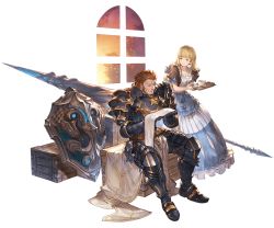Rule 34 | 10s, 1boy, 1girl, armor, armored boots, blonde hair, boots, brown hair, collarbone, cup, deliford, dress, closed eyes, frills, gauntlets, granblue fantasy, holding, huge weapon, juliet sleeves, long dress, long sleeves, minaba hideo, official art, polearm, puffy sleeves, ribbon, shield, short hair, short sleeves, shoulder armor, sitting, smile, spear, teacup, transparent background, tray, weapon, window