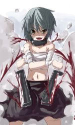 Rule 34 | 1girl, 4shi, bandages, blade, blood, copyright request, open mouth, sarashi, smile, solo, tsurime, weapon