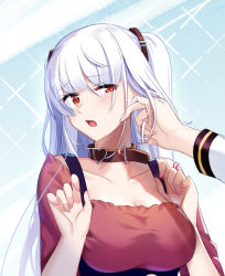Rule 34 | 1girl, absurdres, aer (tengqiu), alternate costume, breasts, collar, collarbone, earrings, essex (warship girls r), highres, jewelry, large breasts, long hair, red eyes, red shirt, shirt, short sleeves, solo focus, twintails, upper body, warship girls r, white hair